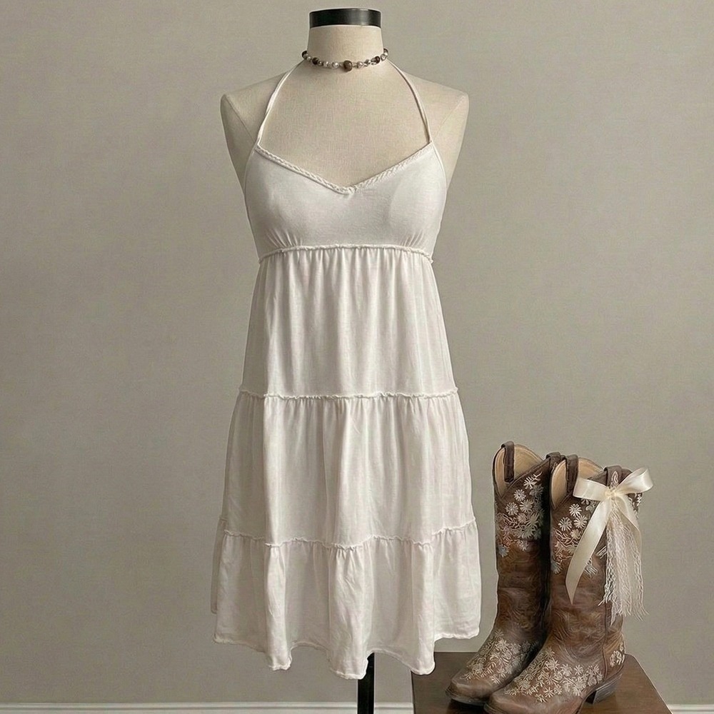 L.E.I. White Halter Mini Dress Braided Trim Empire Waist Boho Summer Large